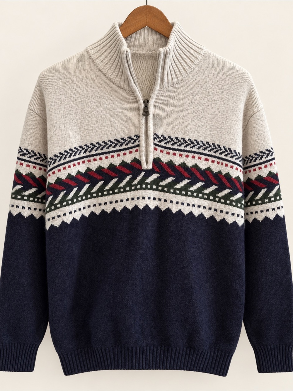 Weatherproof Vintage Fair Isle Sweater Men’s L Blue Cream Cotton 1/4 Zip